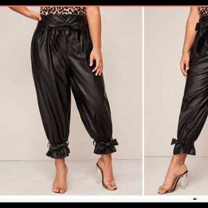 Plus Belted Waist & Hem Faux Leather Pants